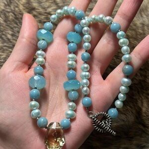 Blue chalcedony, pearl, jade, and citrine beaded necklace